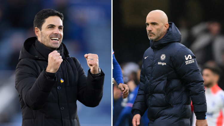 Split image of Mikel Arteta (L) looking happy and Enzo Maresca (R) frustrated