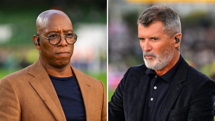 Split image of Ian Wright (L) and Roy Keane (R) looking annoyed at each other