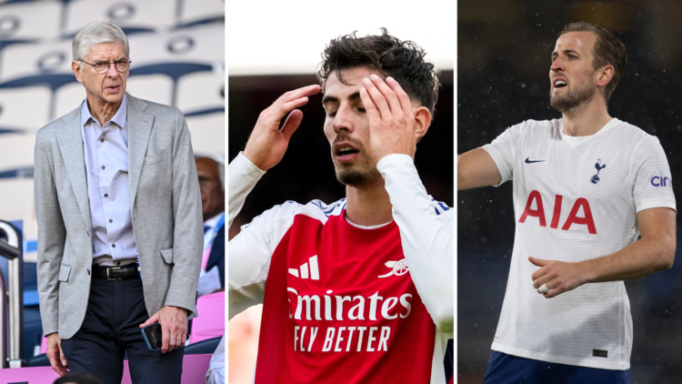 Arsene Wenger (L), Kai Havertz (M) (looking annoyed/frustrated if possible) and Harry Kane (in Tottenham kit) (R)
