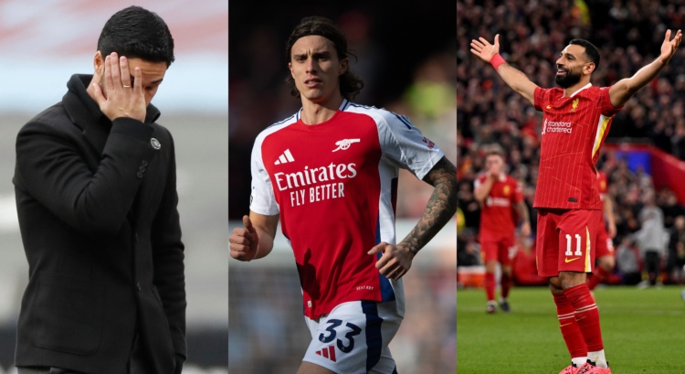 An image featuring Mikel Arteta, Riccardo Calafiori and Mohamed Salah.