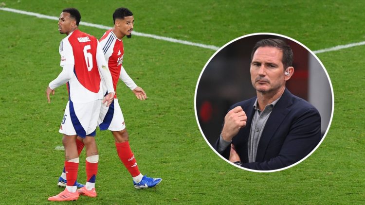 Gabriel Magalhaes and William Saliba of Arsenal celebrate at full-time after the UEFA Champions League 2024/25 League Phase MD2 match. Inset, Frank...