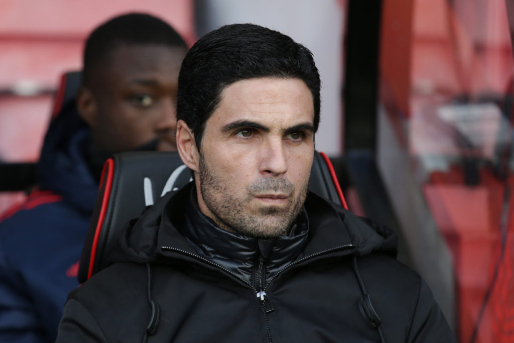 Mikel Arteta looking on during his first ever game as Arsenal's manager vs Bournemouth in 2019