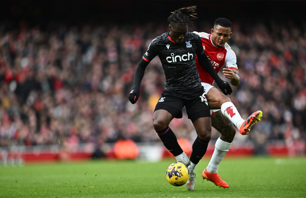 Eberechi Eze challenges with Gabriel Jesus during Arsenal FC v Crystal Palace in the Premier League clash.
