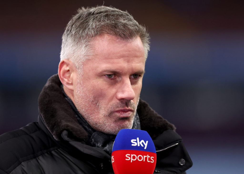 Jamie Carragher, Sky Sports pundit on the side line before the Premier League match between Aston Villa and Sheffield United at Villa Park.