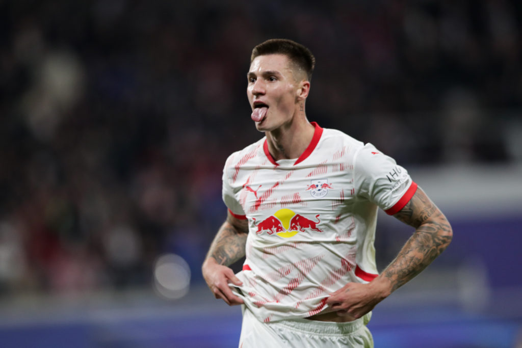 Benjamin Sesko of RB Leipzig celebrates after scoring a goal
