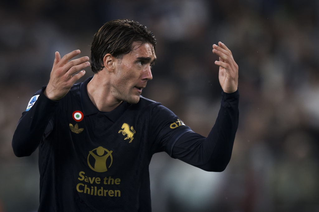 Dusan Vlahovic of Juventus FC gestures during the Serie A