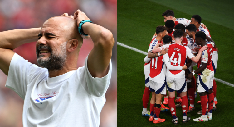 An image featuring Pep Guardiola and the Arsenal squad.