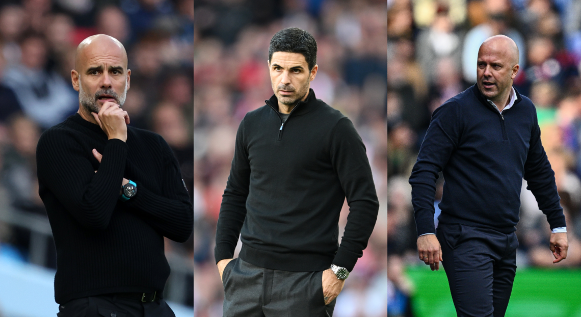 An image featuring Pep Guardiola, Mikel Arteta and Arne Slot.