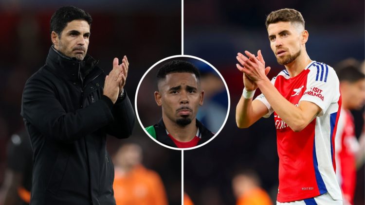 Split image of Mikel Arteta and Jorginho. Inset, Gabriel Jesus.
