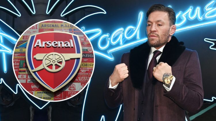 Conor McGregor attends the "Road House" UK Special Screening at The Curzon Mayfair. Inset, the Arsenal badge on Emirates Stadium.