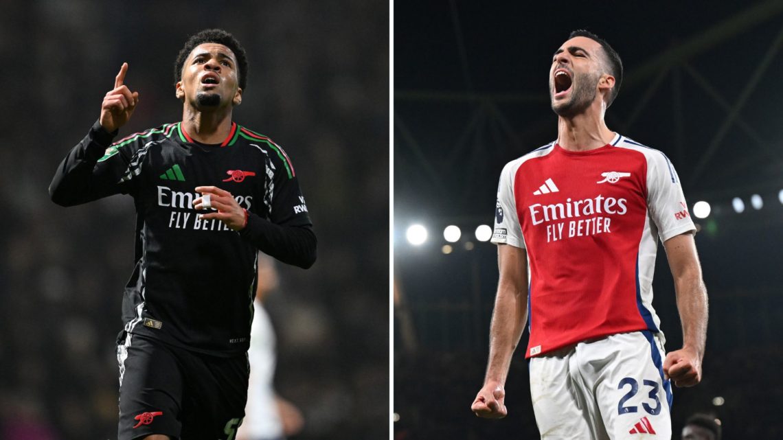 Split image of Ethan Nwaneri and Mikel Merino.