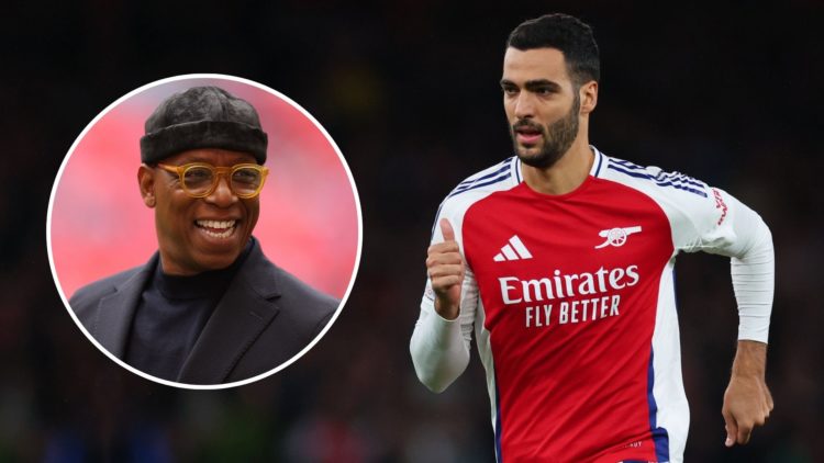 Mikel Merino of Arsenal during the UEFA Champions League 2024/25 League Phase MD2 match between Arsenal FC and Paris Saint-Germain. Inset, Ian Wright.