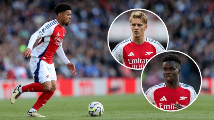 Ethan Nwaneri of Arsenal during the Premier League match between Arsenal FC and Leicester City FC at Emirates Stadium. Inset, Bukayo Saka and Marti...