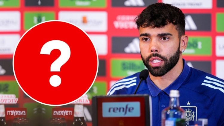 David Raya of Spain attends during the press conference previous to the UEFA Nations League match between Spain and Serbia. Inset, a question mark.