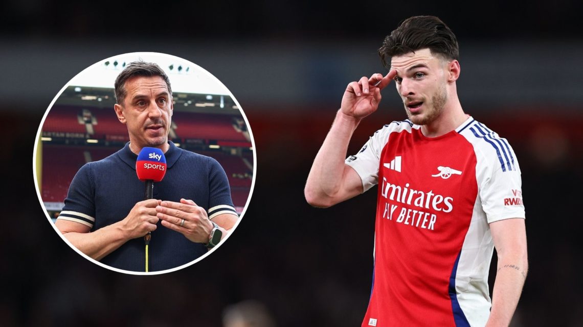 Declan Rice of Arsenal reacts during the Premier League match between Arsenal FC and Liverpool FC. Inset, Gary Neville.