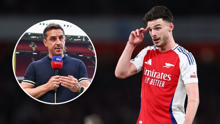 Declan Rice of Arsenal reacts during the Premier League match between Arsenal FC and Liverpool FC. Inset, Gary Neville.