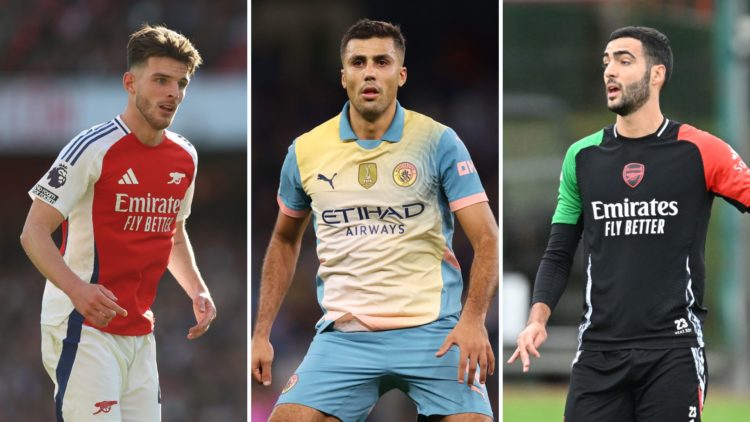 Split image of Declan Rice, Rodri of Manchester City, and Mikel Merino.