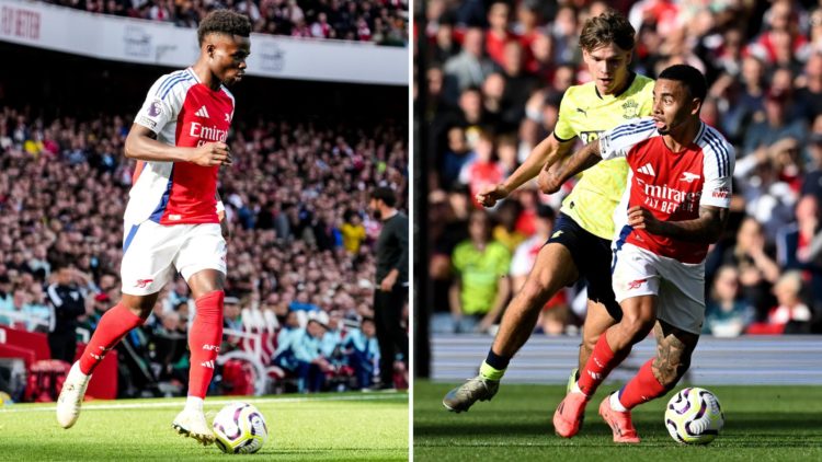 Split image of Bukayo Saka and Gabriel Jesus, both in match action.