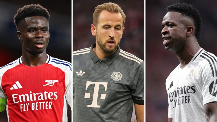 Split image of Bukayo Saka, Harry Kane, and Vinicius Junior.