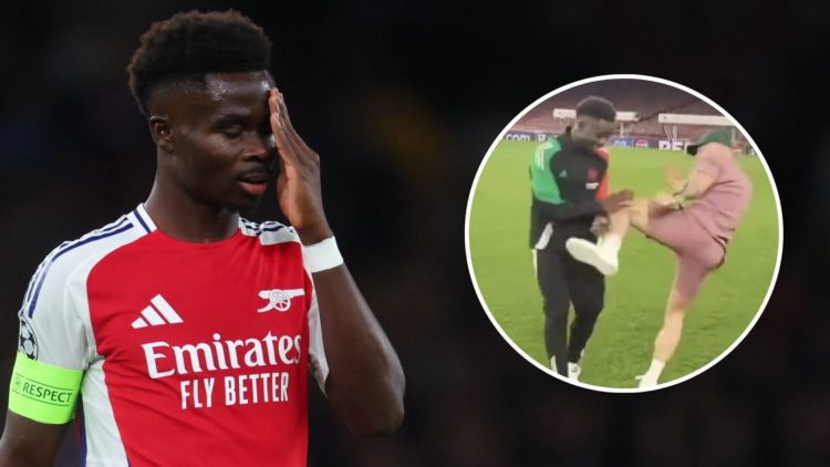 Bukayo Saka of Arsenal during the UEFA Champions League 2024/25 League Phase MD2 match between Arsenal FC and Paris Saint-Germain. Inset, a screens...