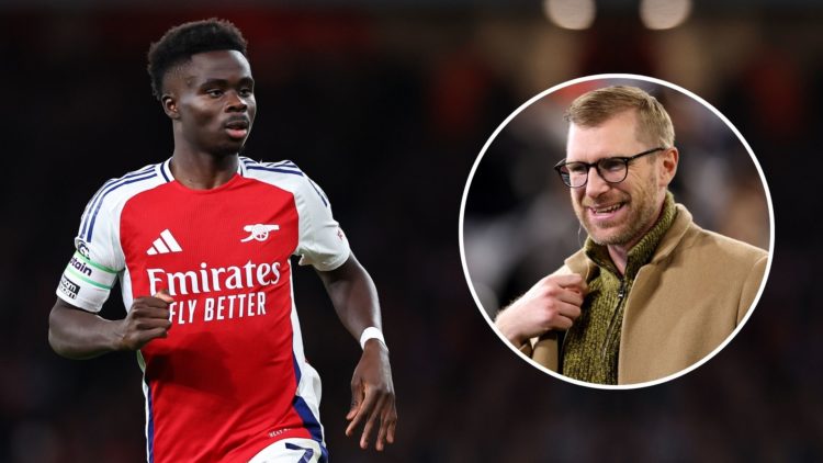 Bukayo Saka of Arsenal during the Premier League match between Arsenal FC and Liverpool FC. Inset, Per Mertesacker.