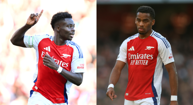 An image featuring Bukayo Saka and Jurrien Timber of Arsenal.