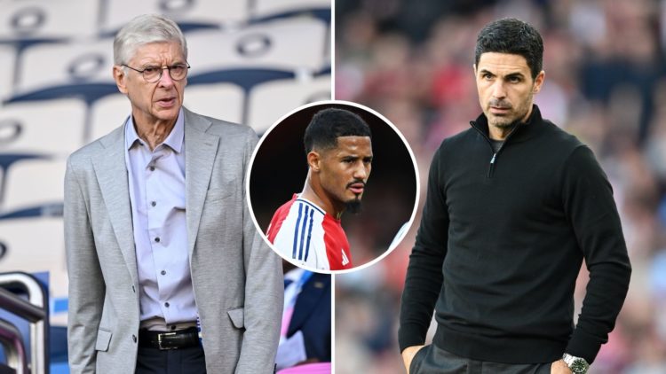 Split image of Mikel Arteta and Arsene Wenger. Inset, William Saliba.