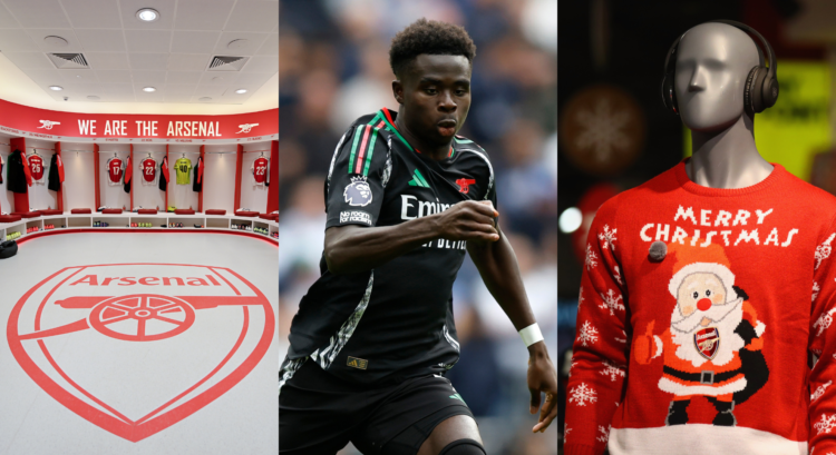 A split image featuring the Emirates Stadium dressing room, Bukayo Saka in the Arsenal away kit and an Arsenal Christmas jumper.