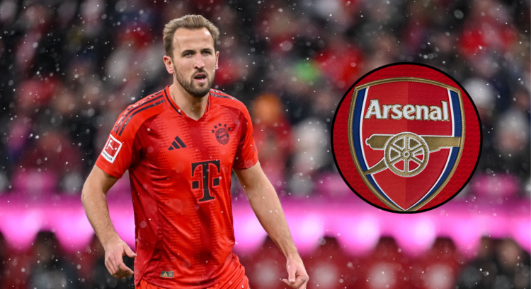 An image featuring Harry Kane and the Arsenal badge.