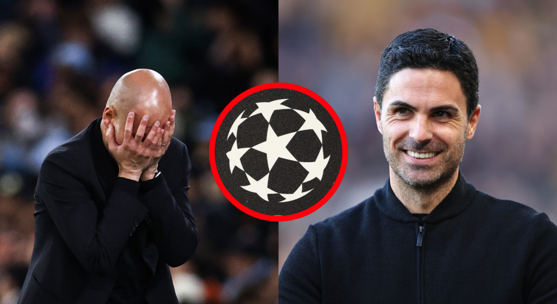An image featuring Pep Guardiola, Mikel Arteta and the Champions League logo.