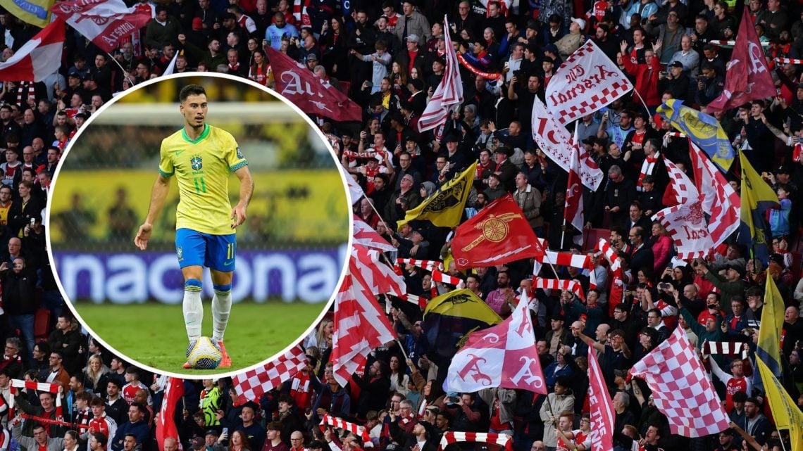 Arsenal fans display flags prior to the Premier League. Inset, Gabriel Martinelli in Brazil colours.