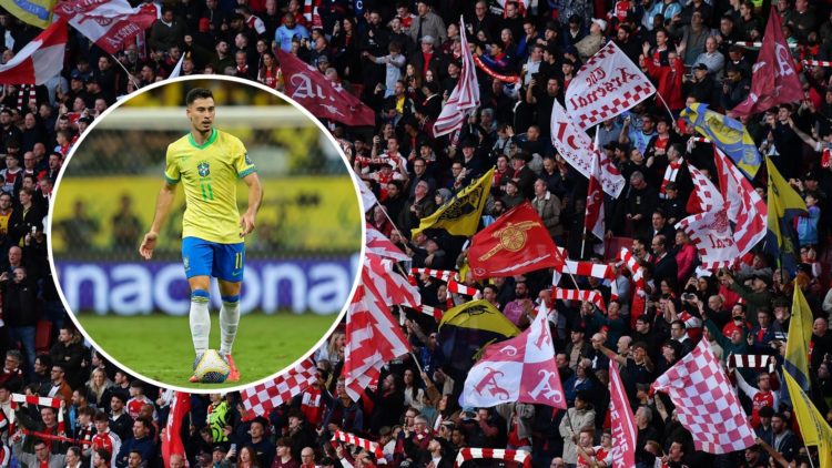 Arsenal fans display flags prior to the Premier League. Inset, Gabriel Martinelli in Brazil colours.