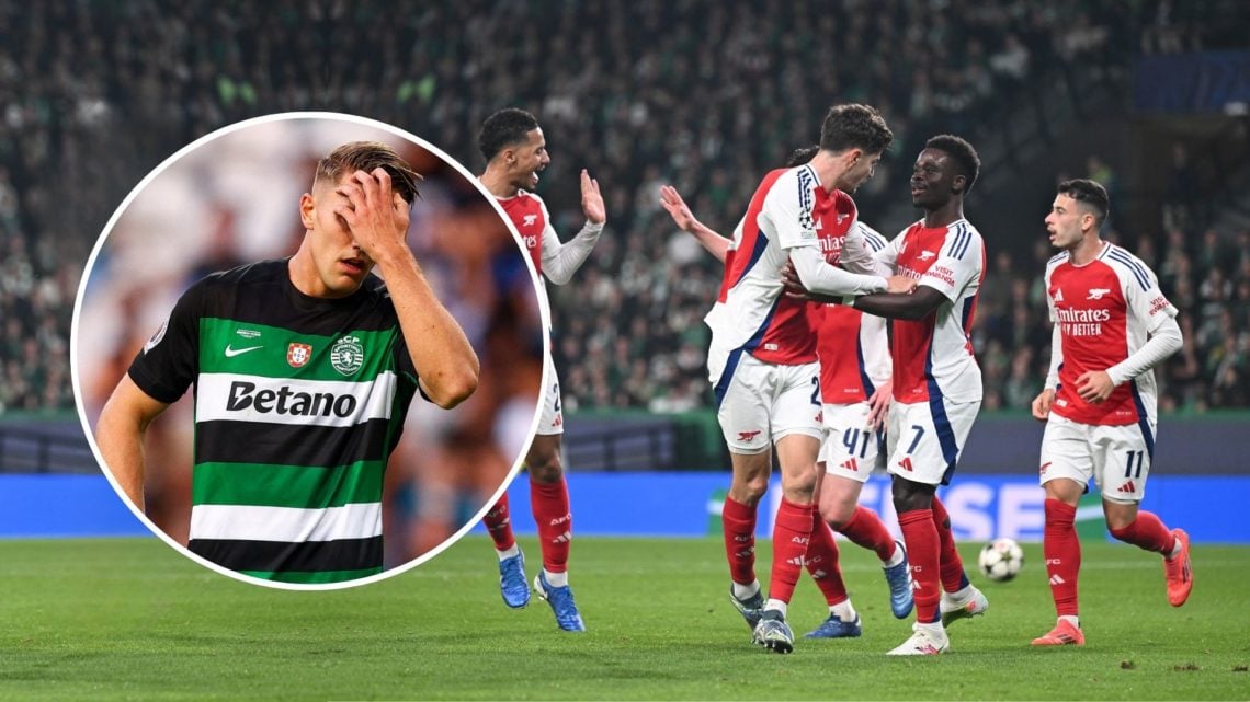 Arsenal players celebrate. Inset, Viktor Gyokeres looks annoyed.