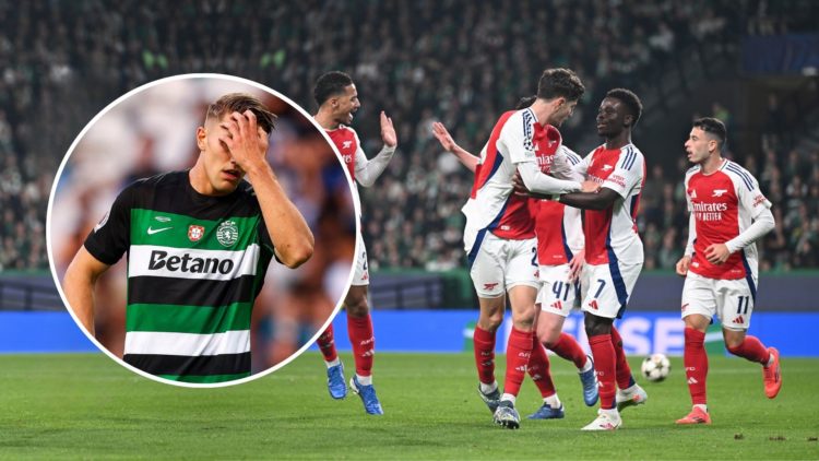 Arsenal players celebrate. Inset, Viktor Gyokeres looks annoyed.