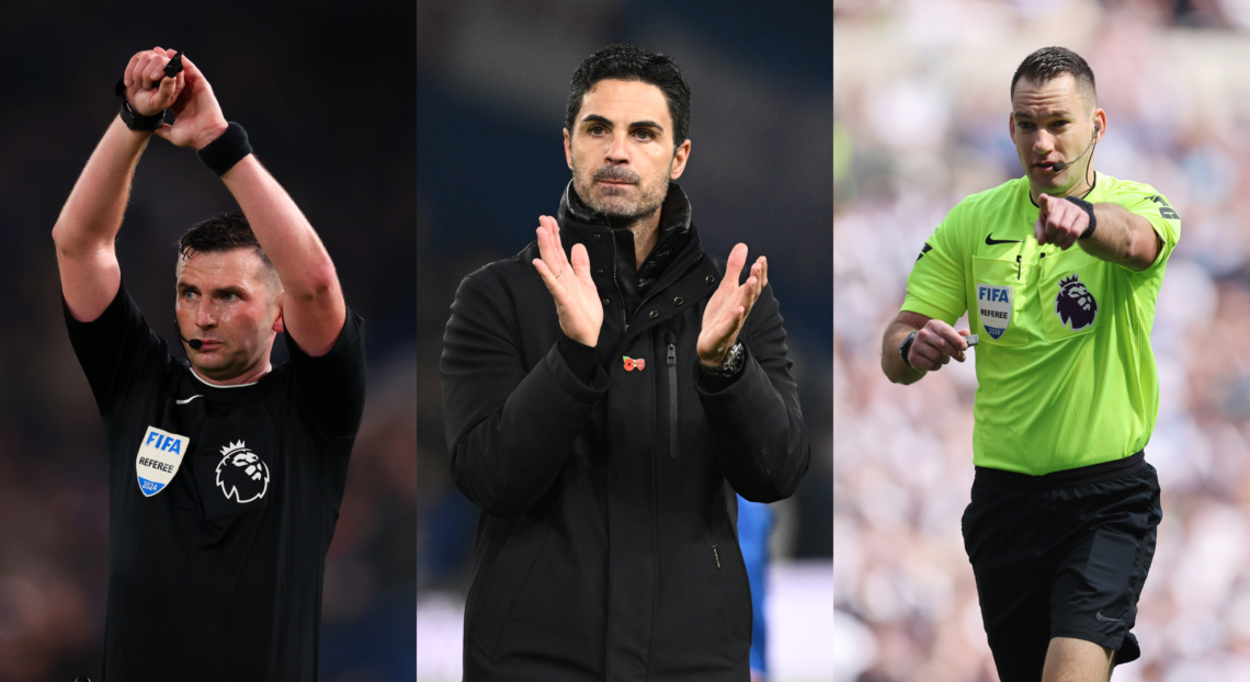 An image featuring Michael Oliver, Mikel Arteta and Jarred Gillett.