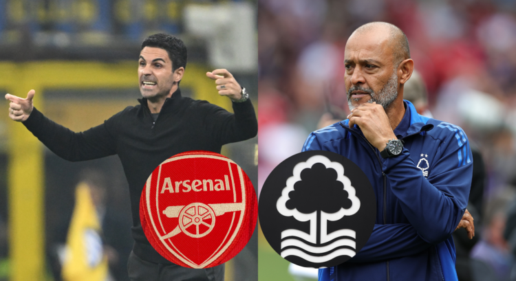 An image featuring Mikel Arteta, Nuno Espirito Santo and the Arsenal and Nottingham Forest badges.