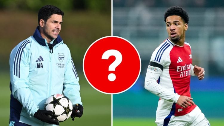 Split image of Mikel Arteta and Ethan Nwaneri. Inset, a question mark.