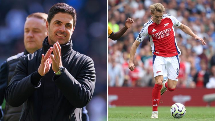 Split image of Mikel Arteta and Martin Odegaard.