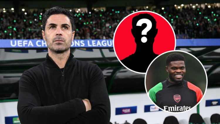 Mikel Arteta. Inset, question mark and Thomas Partey.