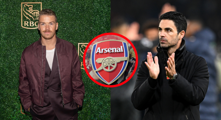 An image featuring Mikel Arteta, Will Poulter and the Arsenal badge.