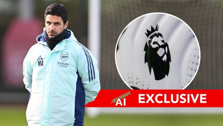 Mikel Arteta. Inset, Premier League logo.