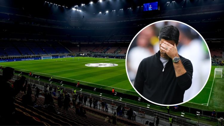 A general view of Giuseppe Meazza Stadium prior to the UEFA Champions League 2024/25 match between FC Internazionale and FC Arsenal in Milano, Ital...