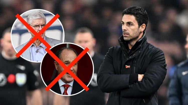 Mikel Arteta, arms folded. Inset, Arsene Wenger and George Graham, both images with crosses through them.