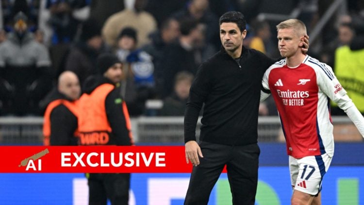 Mikel Arteta, Manager of Arsenal, embraces Oleksandr Zinchenko of Arsenal at full-time following the team's defeat in the UEFA Champions League 202...
