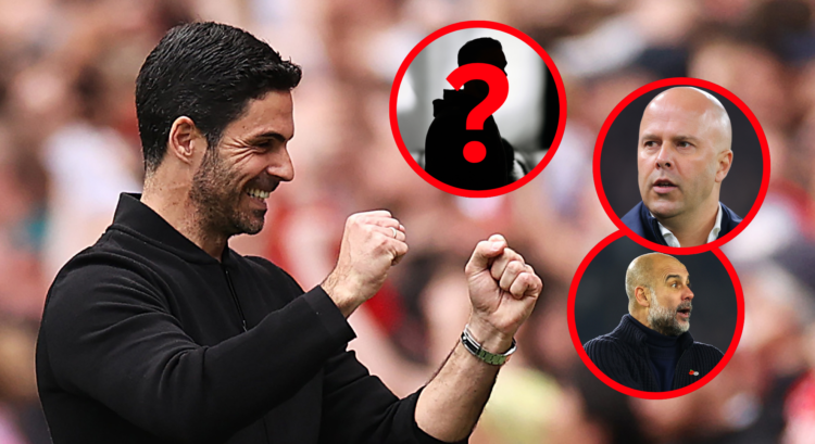 An image featuring Mikel Arteta, a silhouette, Arne Slot and Pep Guardiola.