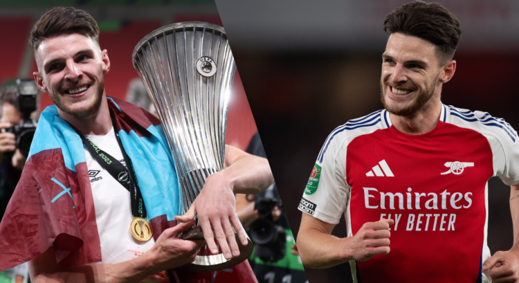 Declan Rice holding the Europa Conference League trophy and playing for Arsenal.