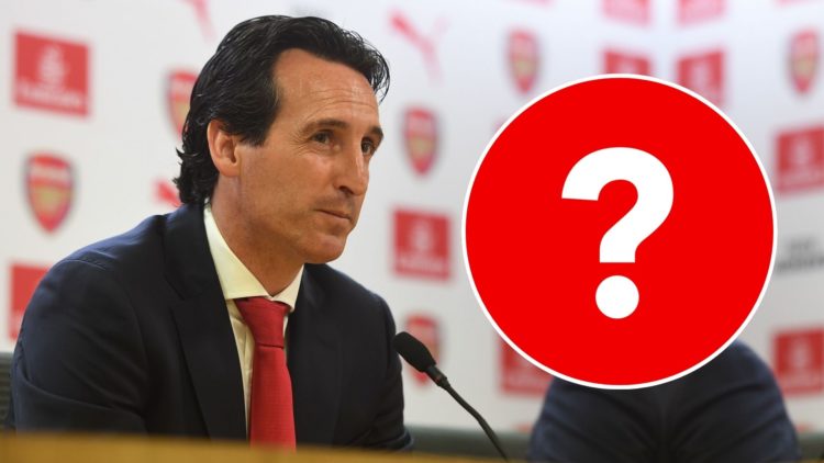 Arsenal new Head Coach Unai Emery attends a press conference. Inset, question mark.