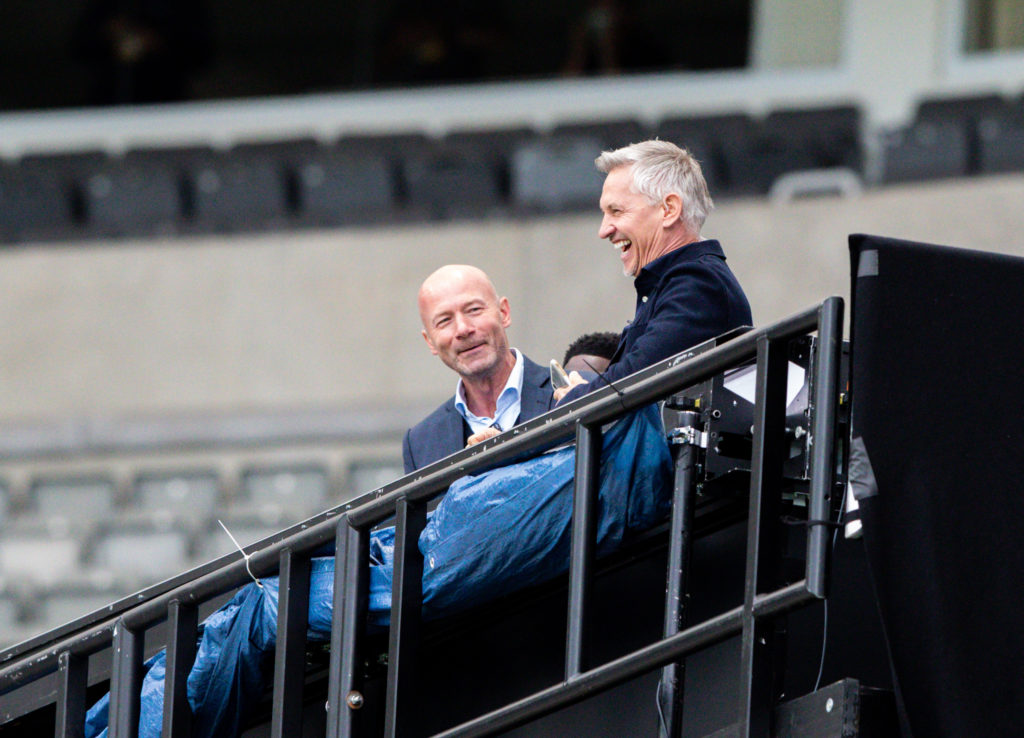 Alan Shearer and Gary Lineker share a joke from their makeshift BBC studio during the FA Cup Quarter Final match between Newcastle United and Manchester City at St. James Park on June 28, 2020 in Newcastle upon Tyne, England