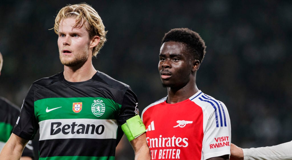 Morten Hjulmand and Bukayo Saka during Sporting vs Arsenal