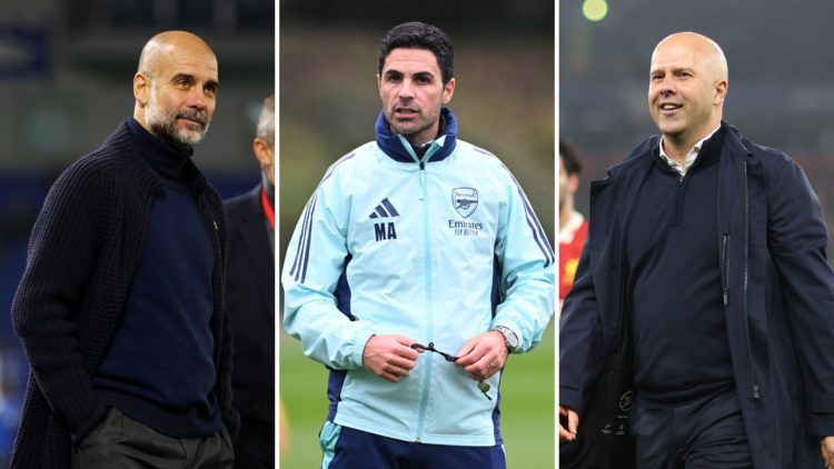 Split image of Pep Guardiola, Mikel Arteta, and Arne Slot.